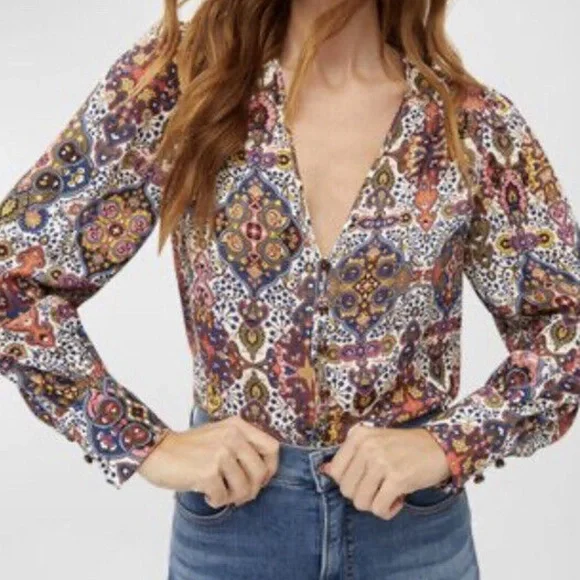 VERONICA BEARD | Sura Printed Crepe de Chine Blouse in Multicolor | Size 4 - Picture 4 of 13